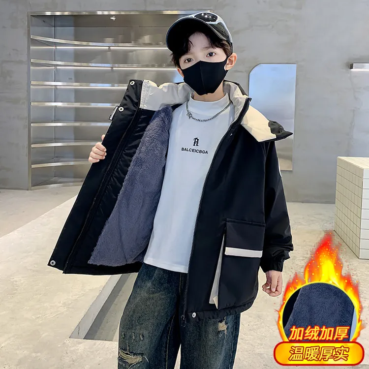 男童秋冬加绒外套2025新款洋气中大童派克服加厚夹棉保暖冬装风衣