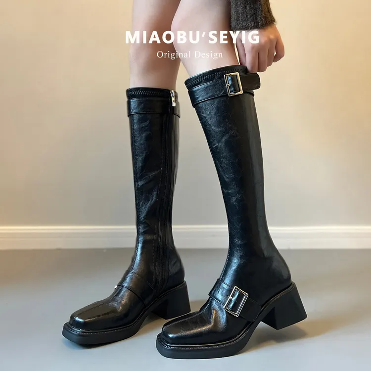 牛皮版~真皮皮带扣厚底不过膝长靴粗跟长筒靴女高筒瘦瘦靴骑士靴