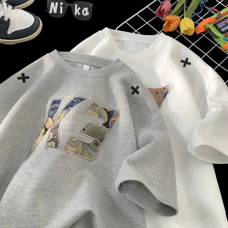 美式重磅贴布绣短袖t恤男款2025新款夏季流行穿搭宽松半袖上衣tee