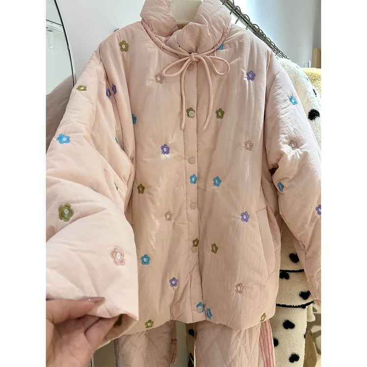 粉色棉服碎花夹棉睡衣女秋冬季2025新款保暖加厚家居服套装可外穿