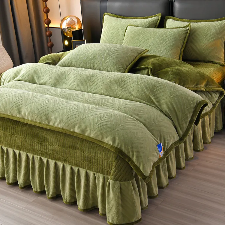 高端冬季加厚雕花绒牛奶绒四件套双面绒保暖床裙款床上用品防静电