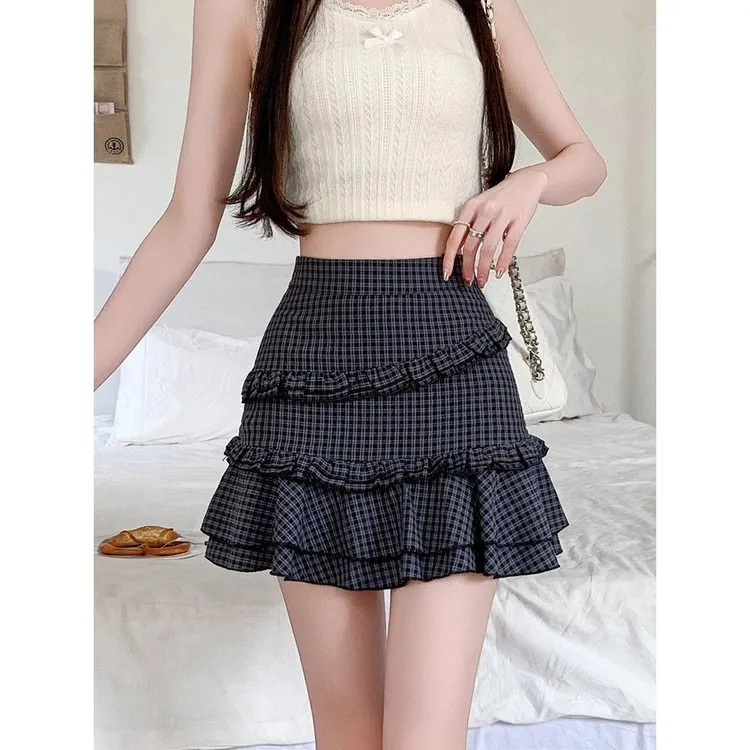 复古格子木耳边蛋糕短裙女夏装2025新款半身裙小众高腰A字蓬蓬裙