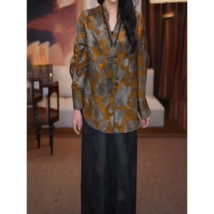新中式国风套装女高级感轻奢2025新洋气质百搭印花盘扣衬衫休闲裤