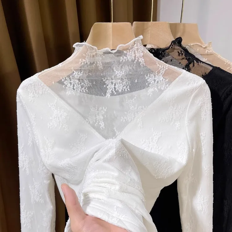 高领加绒蕾丝打底衫女春秋2025新款保暖洋气内搭小衫毛衣叠穿纱衣