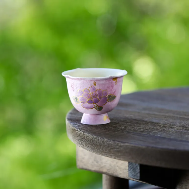 百垚纯手工手绘紫金牡丹花口杯-闲亭雅叙精致陶瓷功夫茶具