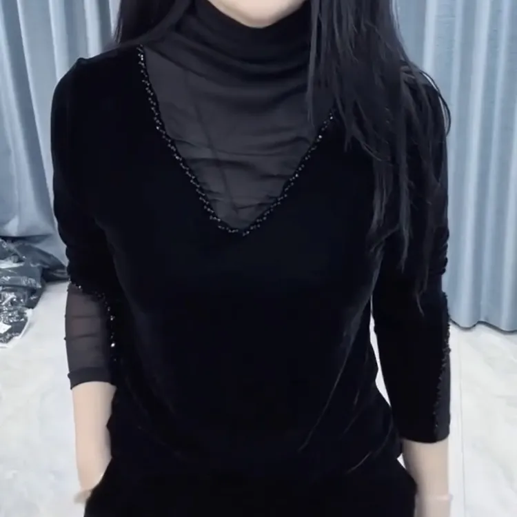 网红修身修身型网纱拼接丝绒显瘦T恤长袖打底衫常规黑色钉珠重工m