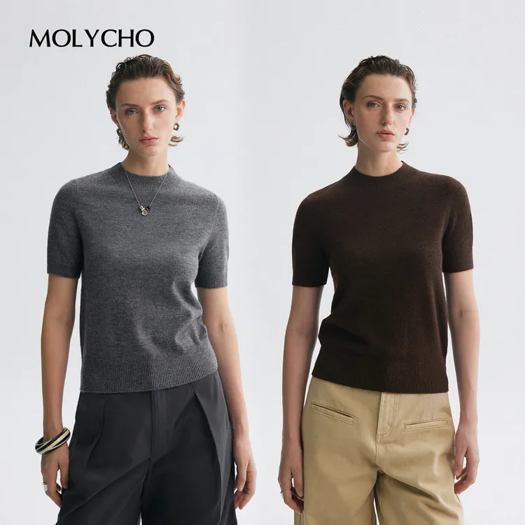 MOLYCHO  | 基础佰搭/灰色半高领短袖针织衫女/修身显瘦毛织上衣