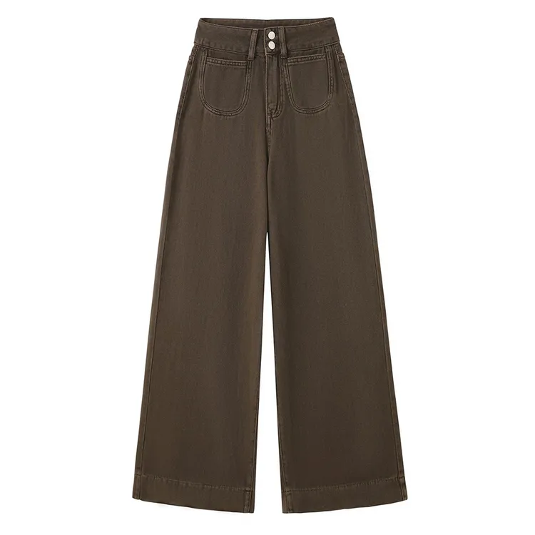 美式复古咖色阔腿牛仔裤女秋冬新款高腰宽松显瘦垂感直筒拖地裤子