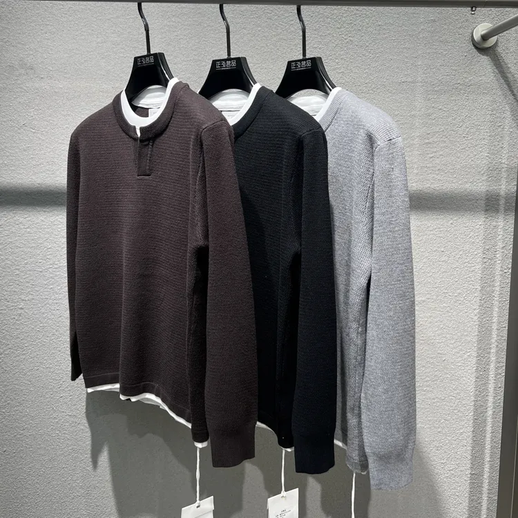2025年新款毛衣针织衫长袖韩系男款短款假两件圆领针织长袖