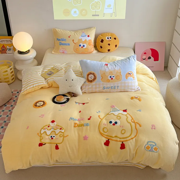 喜番丨特！ins卡通系列 冬季加厚牛奶绒三件套四件套双面绒毛巾绣