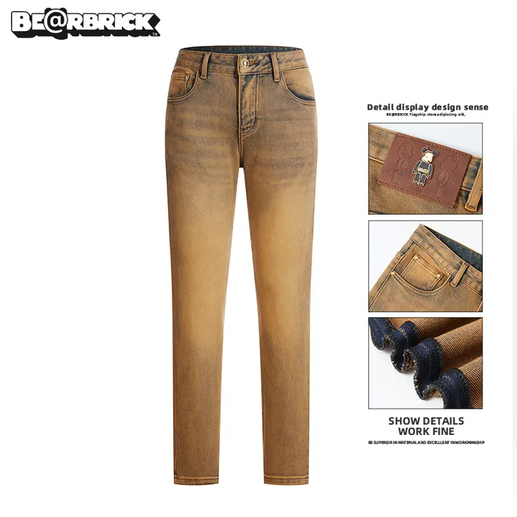 积木熊Be@rbrick【明星同款】皇室金男士牛仔裤秋冬季修身尊贵轻奢