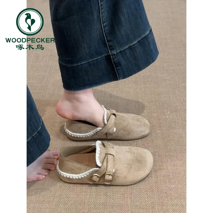 啄木鸟双带扣复古森系一脚蹬懒人旅行豆豆鞋女2025新款休闲勃肯鞋