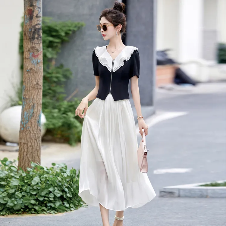 小香风时尚洋气套装2025夏新款法式娃娃领减龄上衣＋半身裙两件套