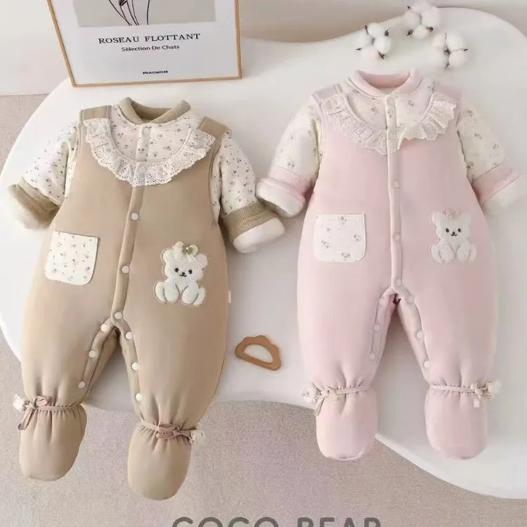 400加厚女宝冬季秋冬厚棉花两件套连体衣中国风冬装套装棉衣包脚