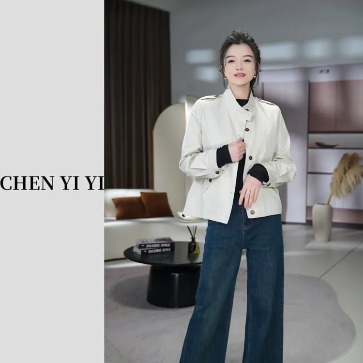 【晨一一】袖口刺绣外套 西雅图！小立领设计感抽绳显瘦短款风衣外套