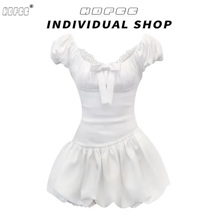 性感甜妹风蕾丝拼接连衣裙女2025夏季爆款高级感收腰显瘦蓬蓬短裙