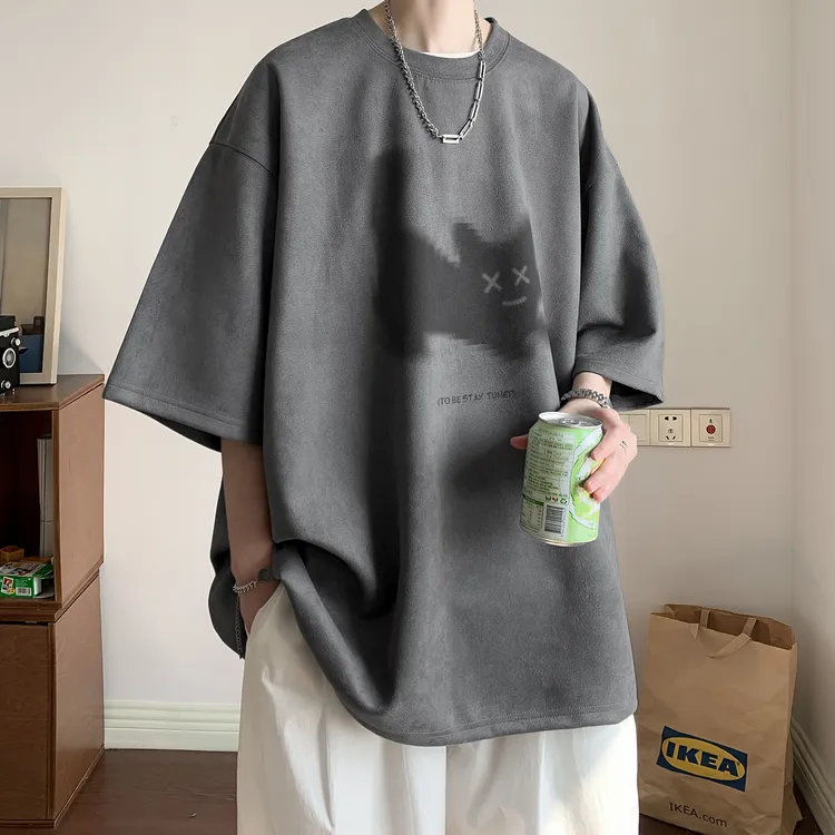 深灰猫咪仿麂皮绒重磅300g短袖T恤男夏季美式潮牌宽松情侣五分袖