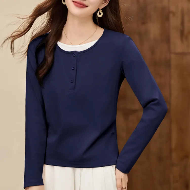 90支新疆长绒棉长袖圆领正肩打底衫2025秋季新款时尚洋气纯色上衣