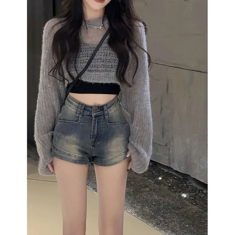 欧美复古辣妹高腰弹力牛仔超短裤女小众设计水洗做旧a字热裤夏季