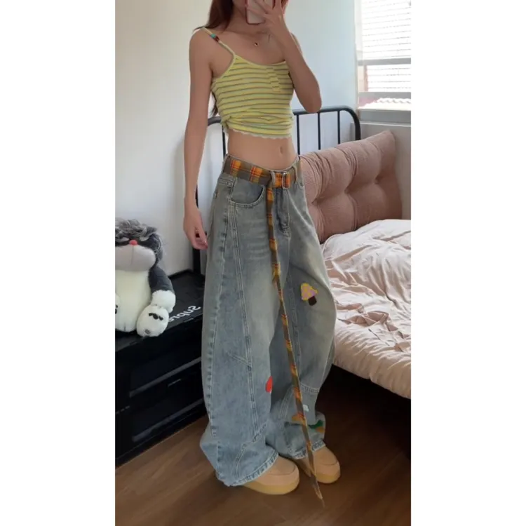【送腰带】美式复古设计感水洗慵懒感牛仔裤女刺绣显瘦宽松阔腿裤
