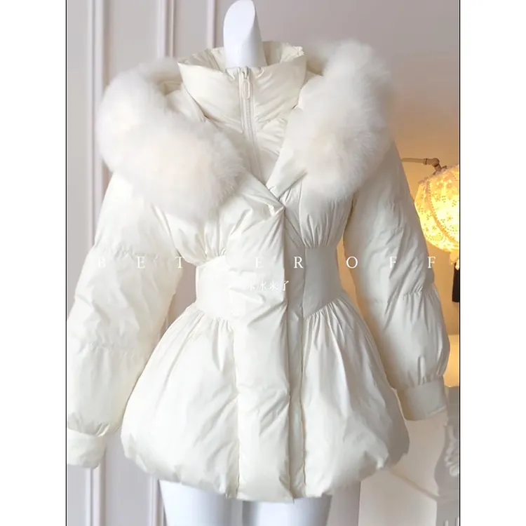 小香风白色毛绒绒连帽棉服女款2025冬季新款收腰显瘦保暖棉衣外套