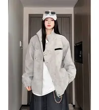 美式复古扎染夹克春秋外套立领金属盘扣国风PU皮衣男女工装夹克