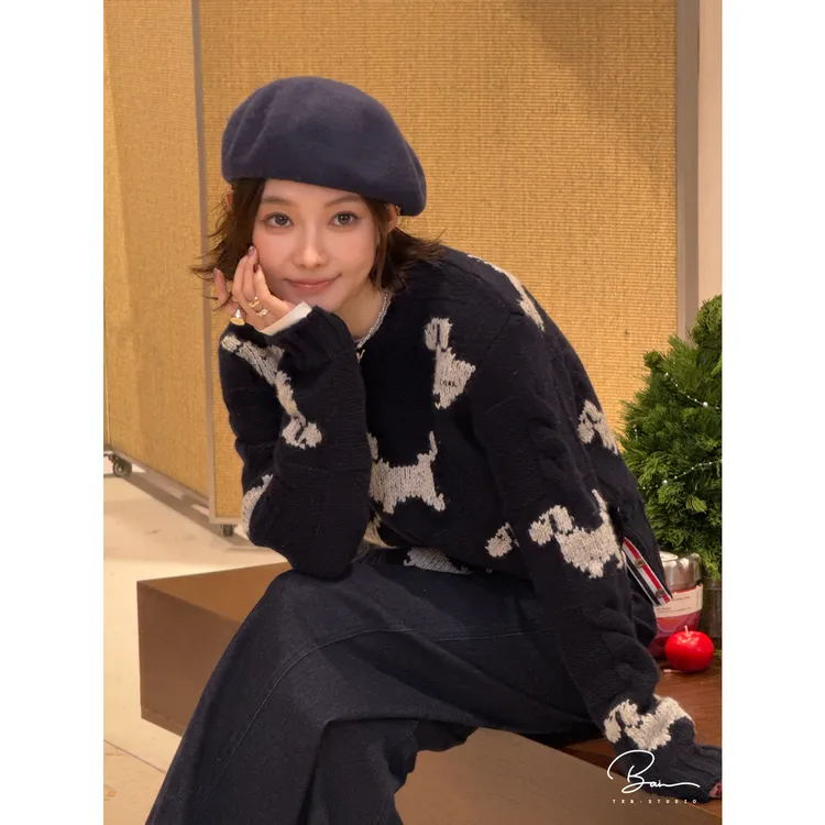 TXB 100羊毛粗针小狗提花织条撞色舒适圆领针织衫XB-7966