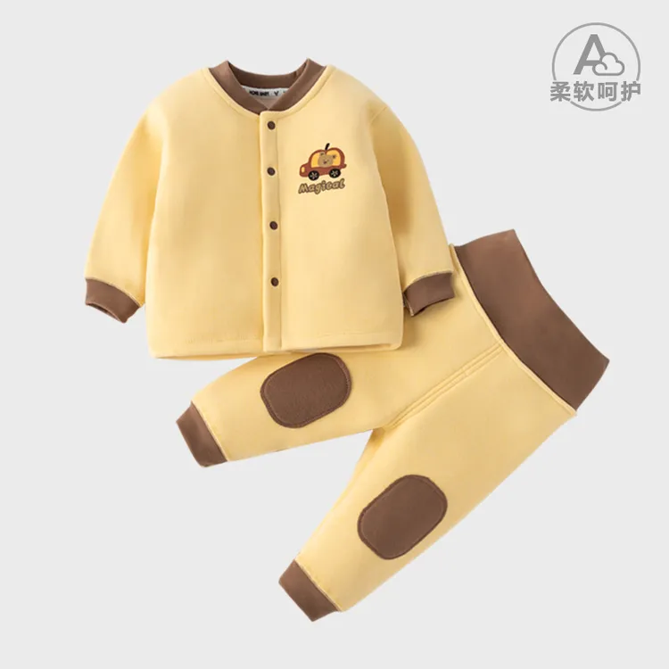 安阳婴童装批发婴幼儿加绒内衣套装保暖加厚对开男女宝宝高腰套装