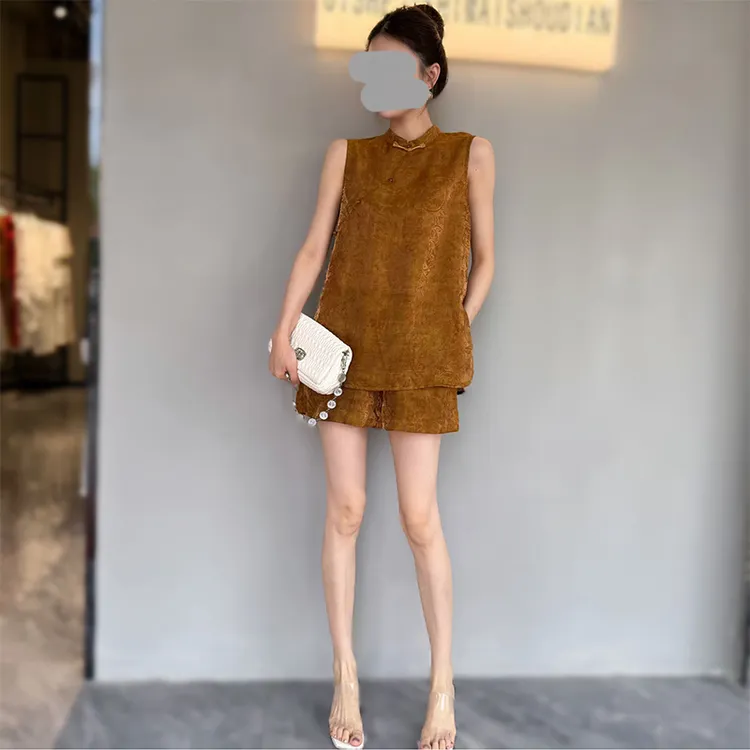 新中式国风盘扣立领无袖马甲套装女夏复古上衣背心高腰松紧腰短裤