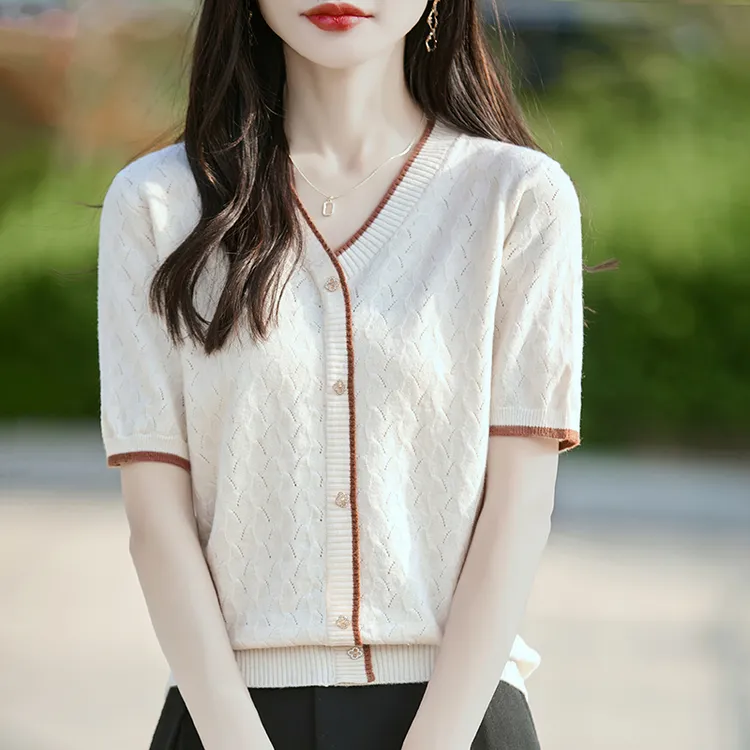 品牌夏季新款V领针织衫女短袖套头镂空洋气百搭T恤上衣