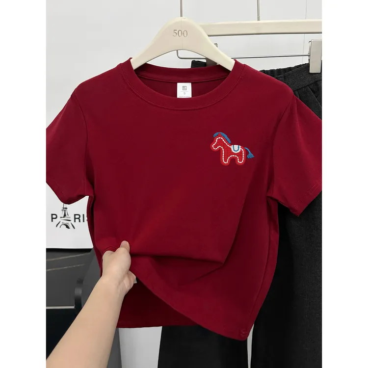 2026新款酒红色正肩短袖t恤大码遮肚藏肉百搭圆领洋气上衣