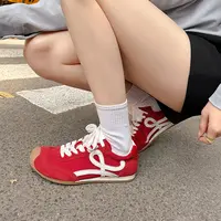 红色厚底德训鞋女2025秋季新款内增高休闲真皮复古运动鞋