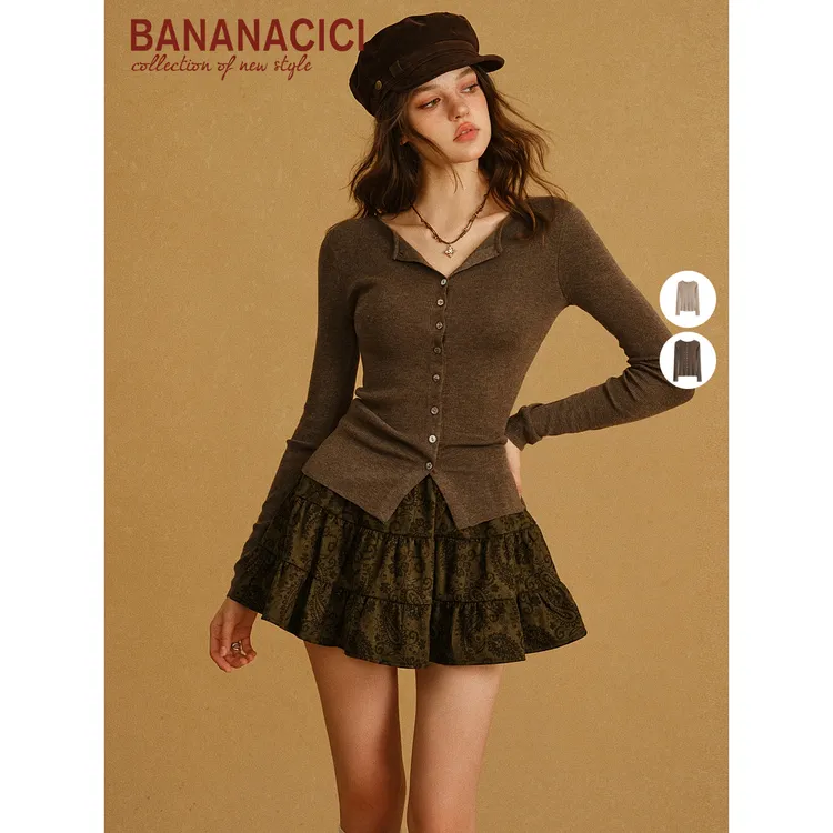 BANANA CICI2025年秋冬新款桑蚕丝亲肤羊毛百搭针织开衫打底上衣