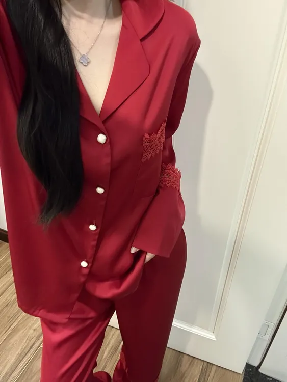 法式朱砂红本命年新婚睡衣女2025春秋长袖长裤中式喜庆家居服套装