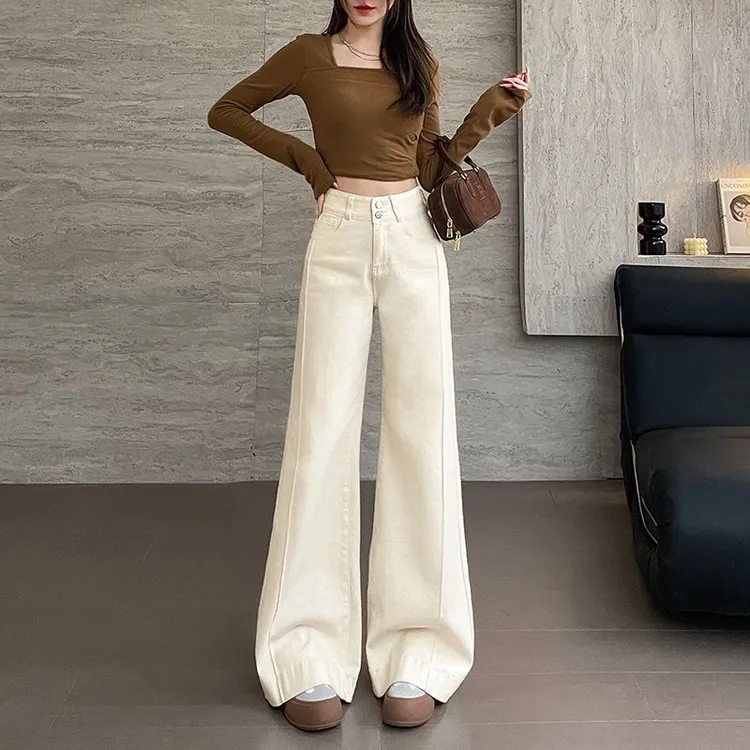 米白色高腰牛仔裤女春季新款小个子阔腿休闲裤宽松垂感拖地喇叭裤