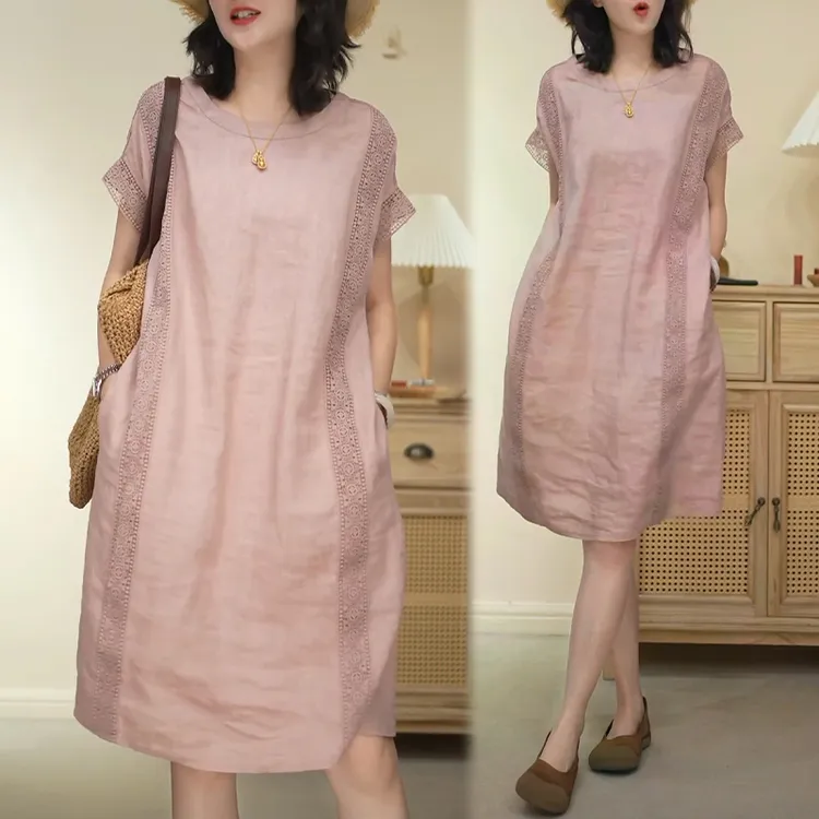 甜美减龄粉色花边镂空短袖连衣裙女夏季新款宽松显瘦直筒A字裙子