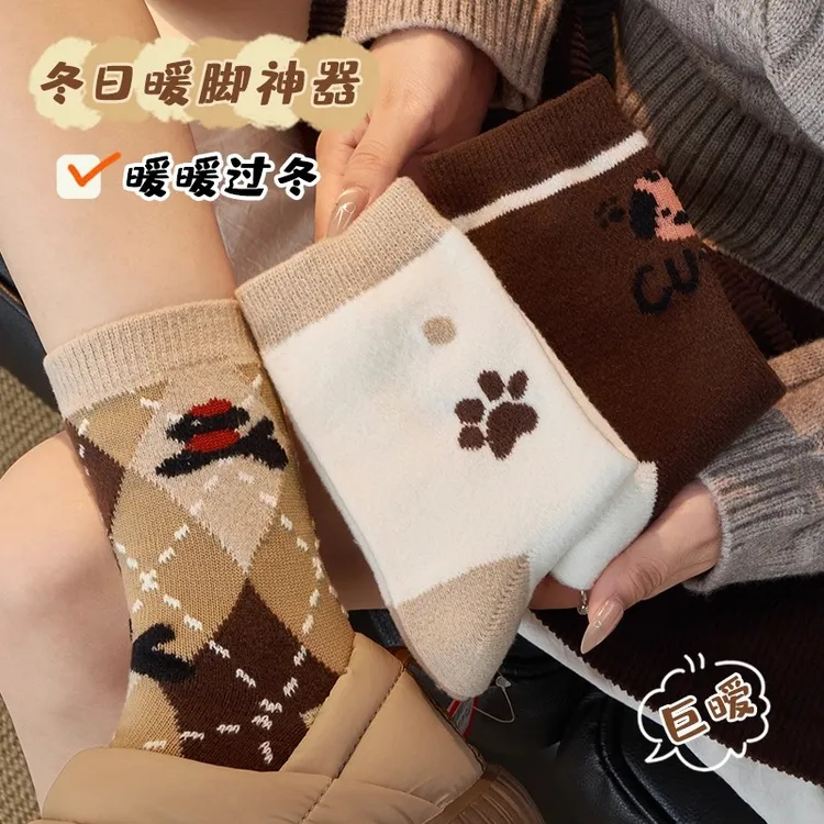 复古加绒加厚袜子女秋冬款保暖ins卡通可爱日系费尔岛羊毛中筒袜