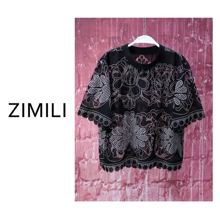 【亮哥女装】欧版暗夜黑勾花蕾丝微透时尚休闲短袖9689