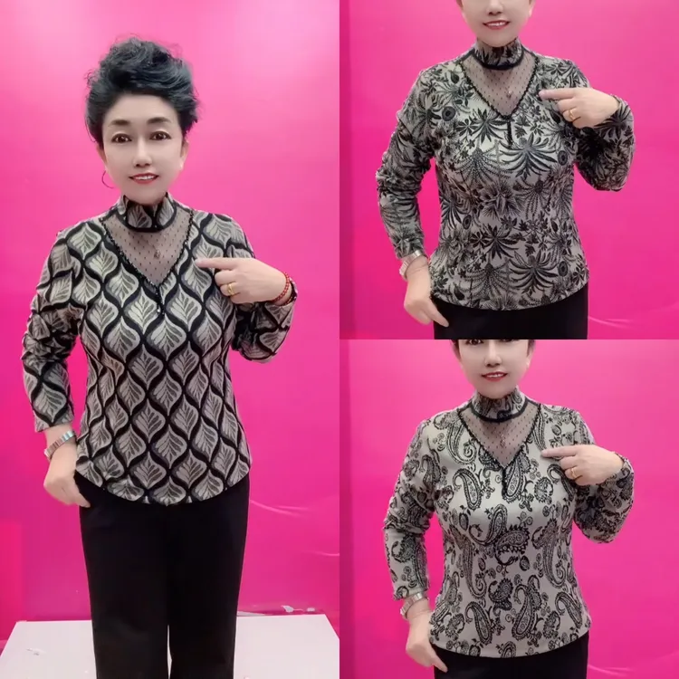 半高领门襟蕾丝网纱长袖打底衫女款洋气保暖妈妈衫