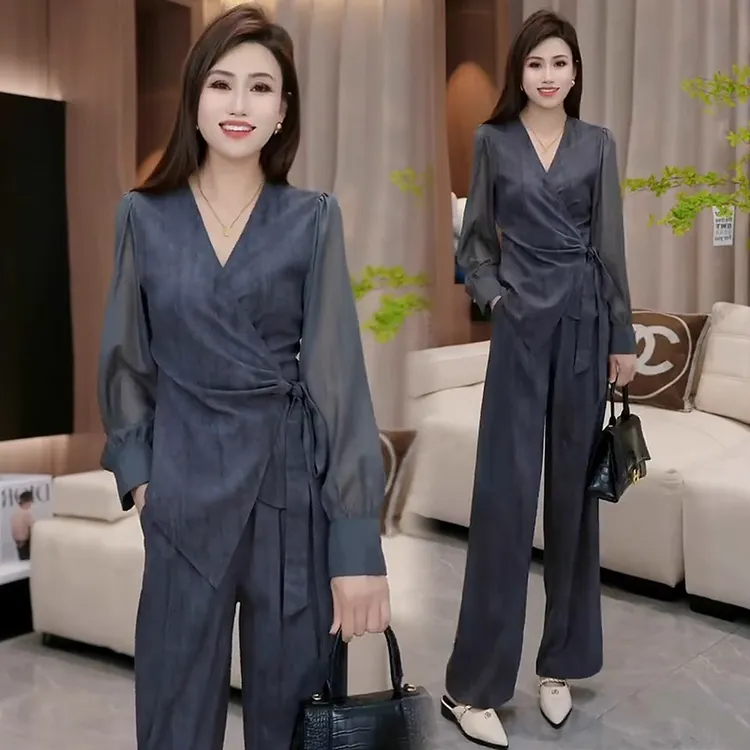 时尚套装女2025夏季新款洋气扎染收腰上衣高腰直筒阔腿裤两件套潮