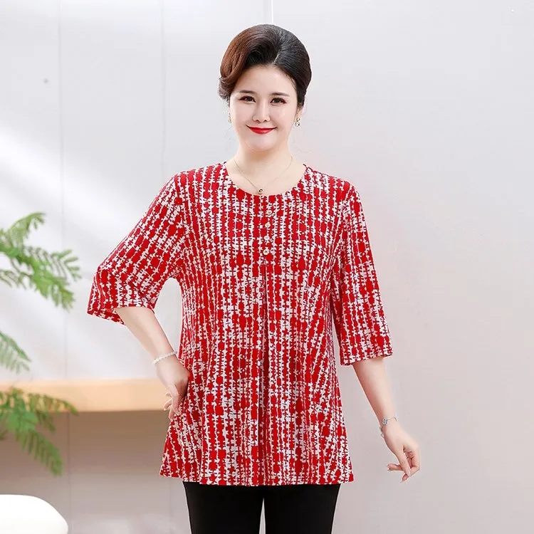 中年妈妈装夏季薄款中袖宽松弹力透气打底衫加肥加大码母亲节礼物