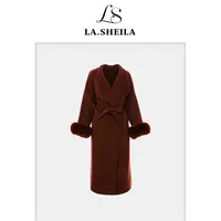 LA.Sheila 大翻领狐狸毛袖长款浴袍绵羊毛大衣254-DY/0927-2828