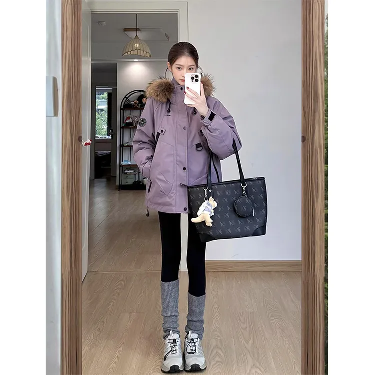 KSKM紫色工装棉服外套女2026秋冬新款美式大毛领连帽加厚派克服男