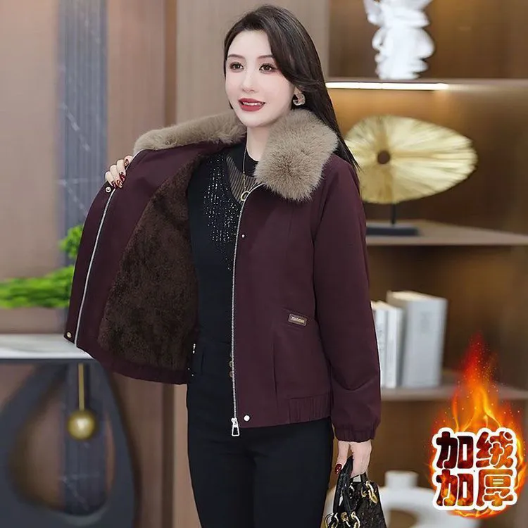 2025女加绒加厚款保暖短外套毛领直下摆一字领冬季时尚休闲装8837