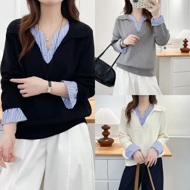 100-200斤大码女装胖mm秋新款韩系设计感减龄衬衫翻领针织衫5141