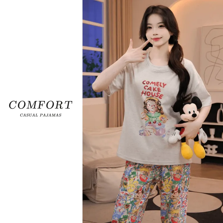 2025新款纯棉睡衣女夏季爆款带胸垫短袖长裤套装可外穿百搭家居服