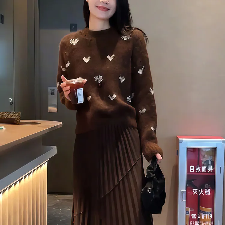 韩版减龄爱心提花设计感圆领保暖毛衣女装2025秋冬新款打底针织衫