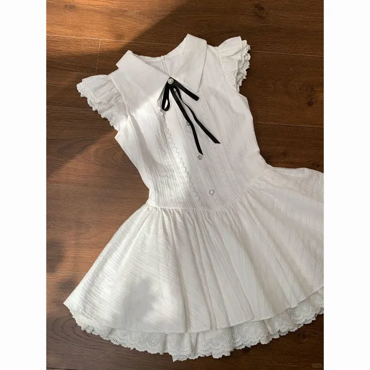 法式温柔风设计感蝴蝶结系带连衣裙女2025夏季新款气质甜美蓬蓬裙