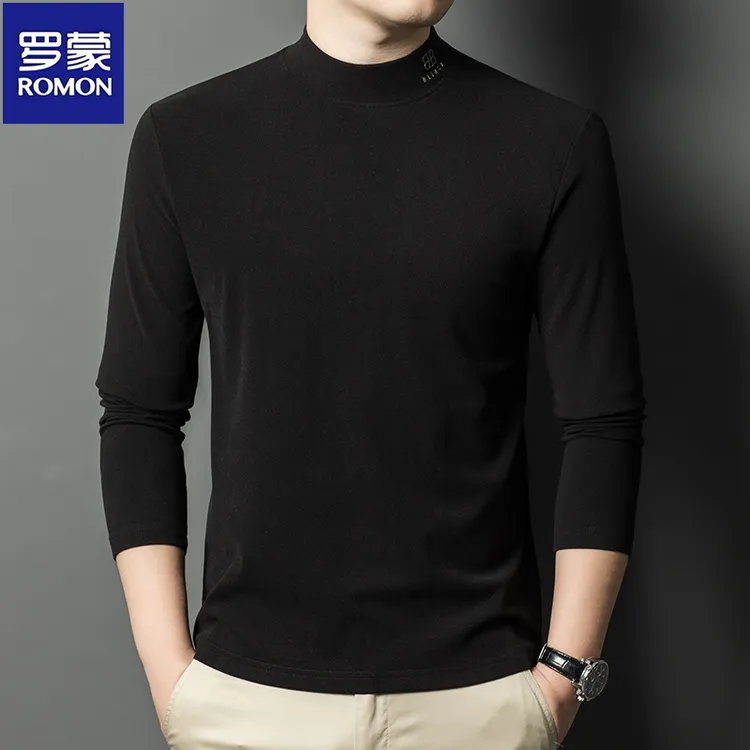 罗蒙秋冬双面德绒卫衣男士半高领时尚刺绣百搭T恤保暖长袖打底衫
