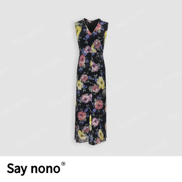 懒猫nono│Saynono夏季新款时尚印花显瘦V领无袖修生连衣裙H0807X